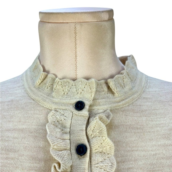 NWT Boden Ruffle Button Front Merino Wool Sweater Heathered Oatmeal Size 10 - Picture 6 of 13